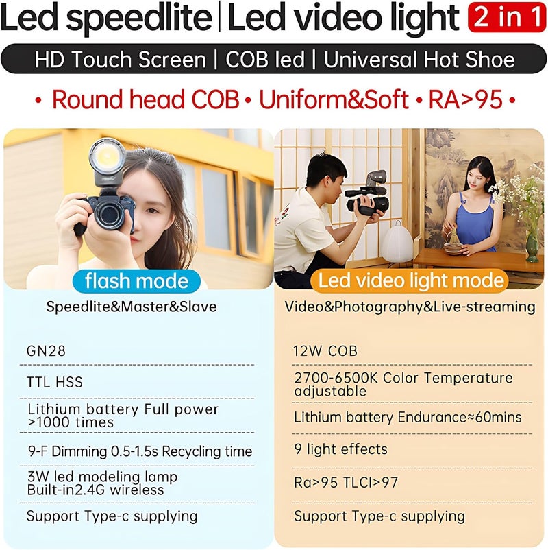 Jinbei H1S Flash & LED Video Light 2-in-1 Camera Flash Speedlite, GN28, 0.05~1.5s Recycle time HSS/TTL Built in Fresnel Lens,HD Colour Touch Screen,Compatible with Sony Cameras - Image 4